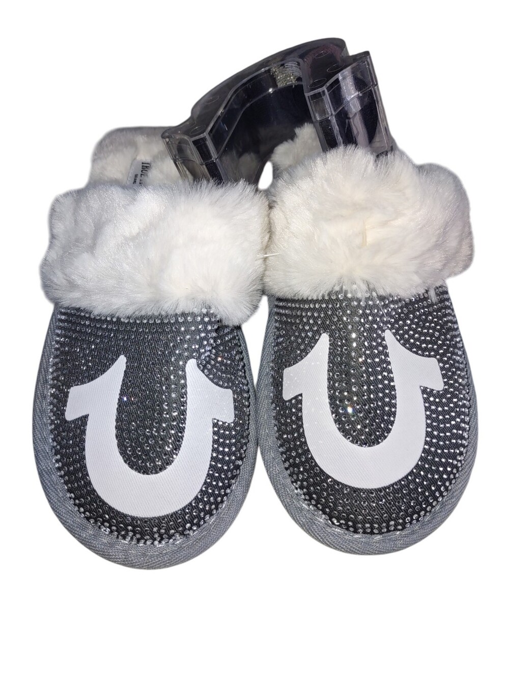 True Religion Small(5-6) Grey Faux Fur Rhinestone Slippers